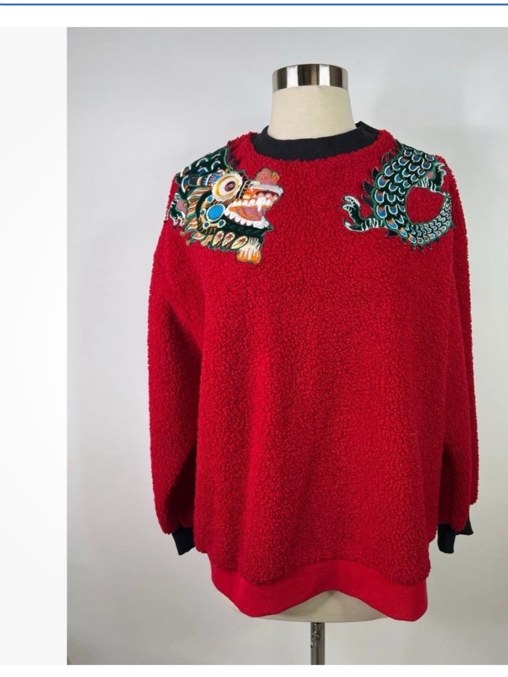 Red Embroidered Dragon Sherpa Sweater - Women's